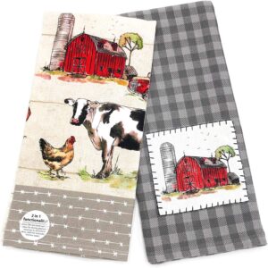 kay dee designs country life dual purpose terry towel & appliqued tea towel kitchen dishtowel set of farm animals & big red barn for cleaning, drying, polishing and baking
