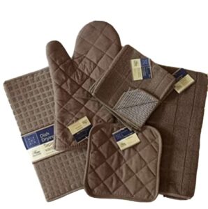 kitchen towel set with 2 quilted pot holders, oven mitt, dish towel, dish drying mat, 2 microfiber scrubbing dishcloths (toffee)