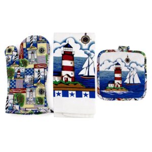 capes treasures nautical summer kitchen set - dish towel, pot holder, and oven mitt (sailboat and lighthouses)