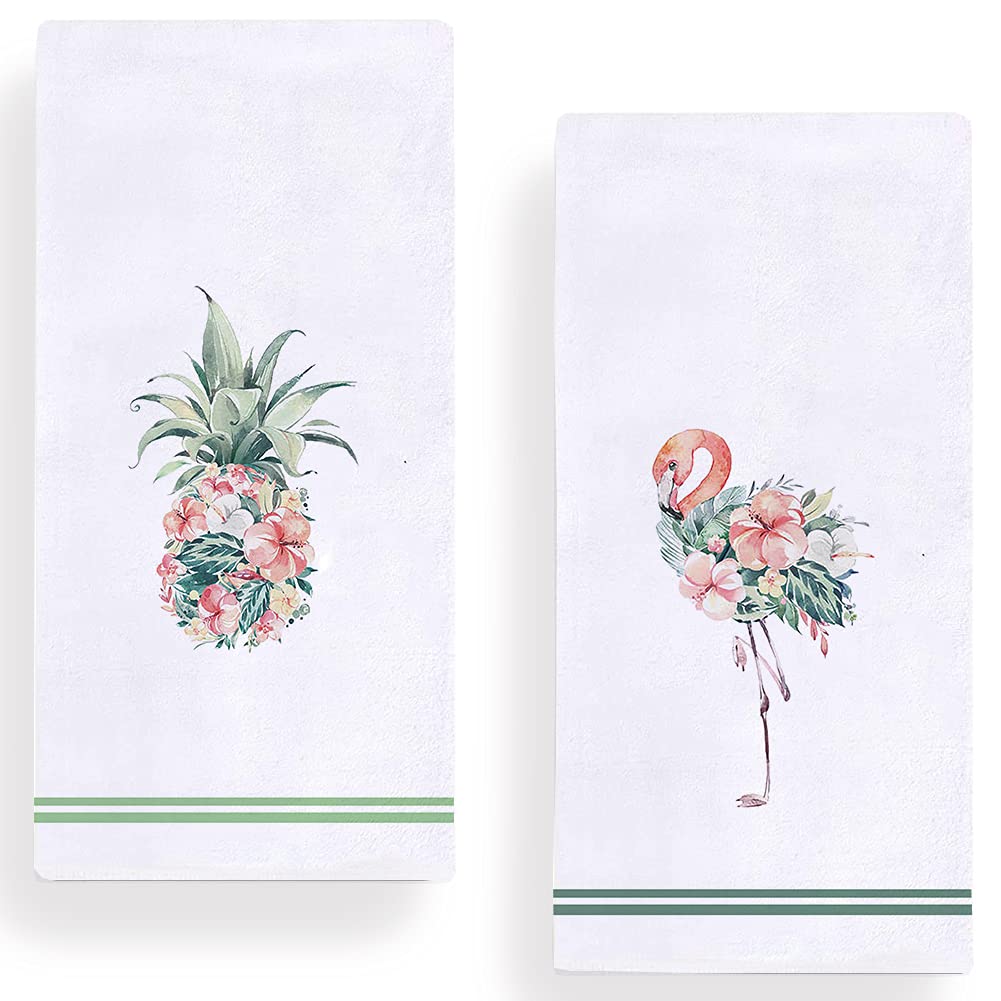 Set of 2 Watercolor Flamingo Pineapple Kitchen Dish Towel 18 x 28 Inch, Seasonal Spring Summer Floral Tea Towels Dish Cloth for Cooking Baking