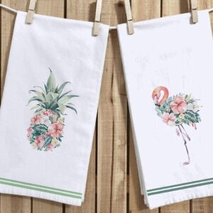 Set of 2 Watercolor Flamingo Pineapple Kitchen Dish Towel 18 x 28 Inch, Seasonal Spring Summer Floral Tea Towels Dish Cloth for Cooking Baking