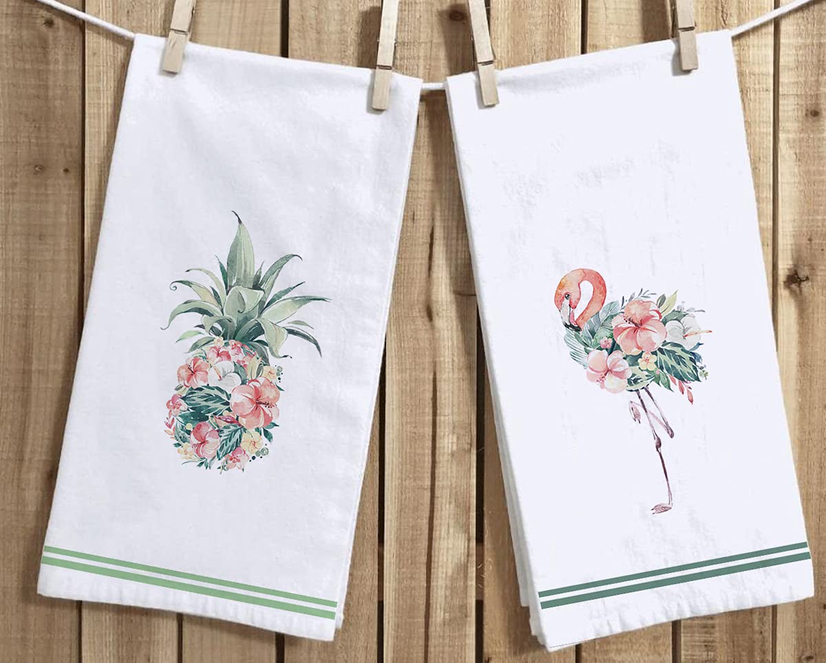 Set of 2 Watercolor Flamingo Pineapple Kitchen Dish Towel 18 x 28 Inch, Seasonal Spring Summer Floral Tea Towels Dish Cloth for Cooking Baking