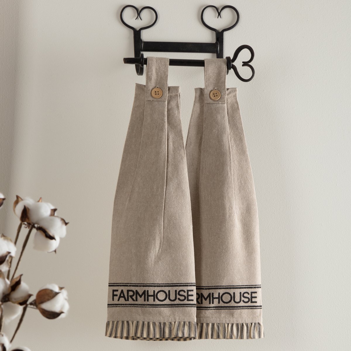 VHC Brands Sawyer Mill Charcoal Farmhouse Kitchen Towel Set with Button Loop for Country Kitchen Decor