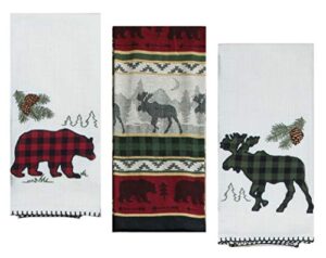 3 cabin lodge themed decorative cotton kitchen towels set with bear and moose print | 2 applique tea towels and 1 jacquard tea towel for dish and hand drying | by kay dee designs