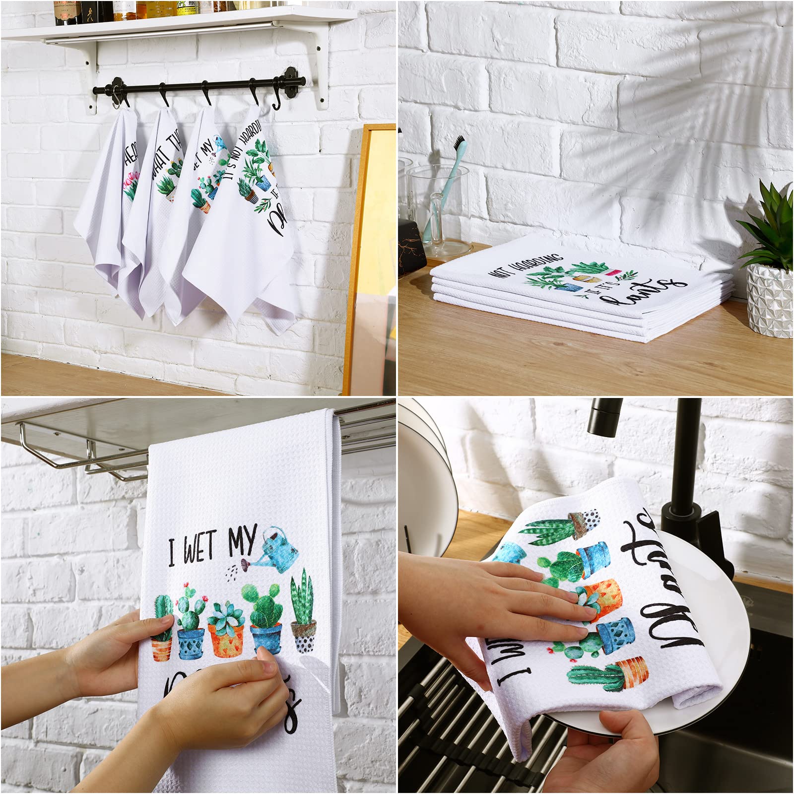 4 Pieces Funny Plant Kitchen Towels Saying Towels Hand Tea Towels Funny Decorative Plant Towel Fun Waffle Towel Gifts for Housewarming