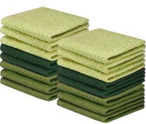 decorrack 16 pack kitchen dish towels, 100% cotton wash cloth, luxurious soft, 12x12 inch ultra absorbent, machine washable washcloths, green (16 pack)