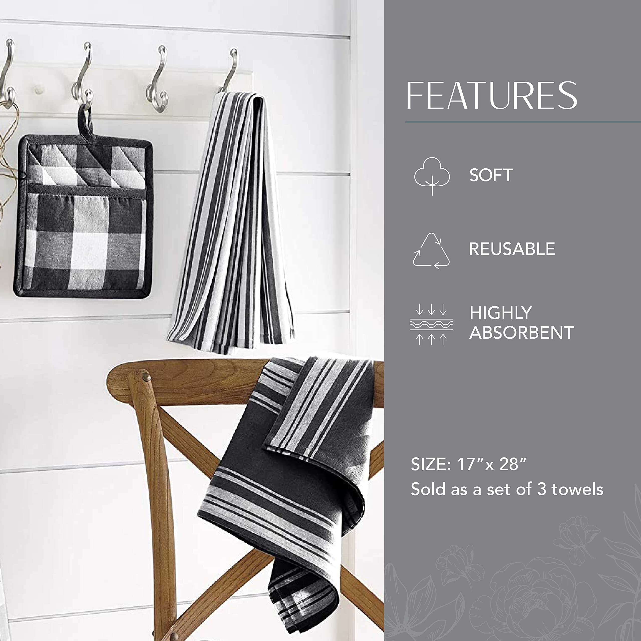 Elrene Home Fashions Farmhouse Living Stripe and Check Kitchen Towels, 17" x 28" (Set of 3), Black/White 3