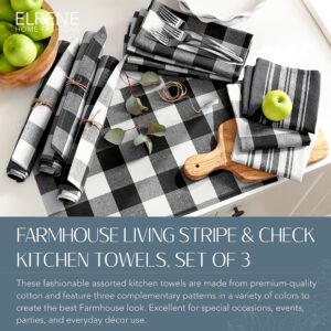 Elrene Home Fashions Farmhouse Living Stripe and Check Kitchen Towels, 17" x 28" (Set of 3), Black/White 3