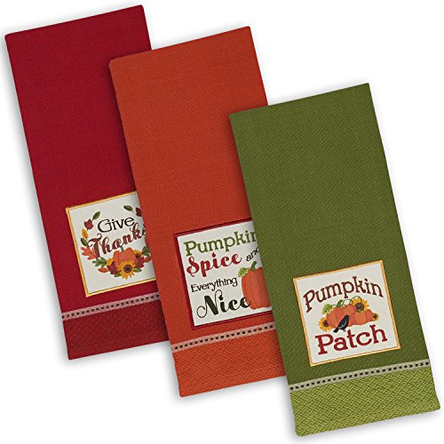 DII Thanksgiving Fall Kitchen Towels Collection Decorative Embellished Dish Towel Set, 18x28", Country Pumpkin, 3 Count