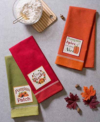 DII Thanksgiving Fall Kitchen Towels Collection Decorative Embellished Dish Towel Set, 18x28", Country Pumpkin, 3 Count