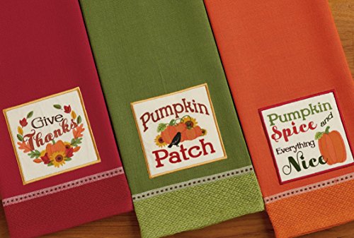 DII Thanksgiving Fall Kitchen Towels Collection Decorative Embellished Dish Towel Set, 18x28", Country Pumpkin, 3 Count