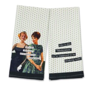 boston international anne taintor vintage style retro kitchen gift cotton dish towels tea towel set, 2-pack, moderation who?