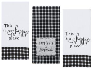 3 farmhouse country themed decorative cotton kitchen towels set with black and white print | 1 tea and 2 dual purpose towel for dish and hand drying | by kay dee designs