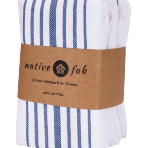 Native Fab 12 Pack Scandia Stripe Kitchen Dish Towels Cotton Absorbent Durable Washable 14x25 - Tea Towels, Dish Cloths, Restaurant Cleaning Towels, Kitchen Towels with Hanging Loop, Blue White