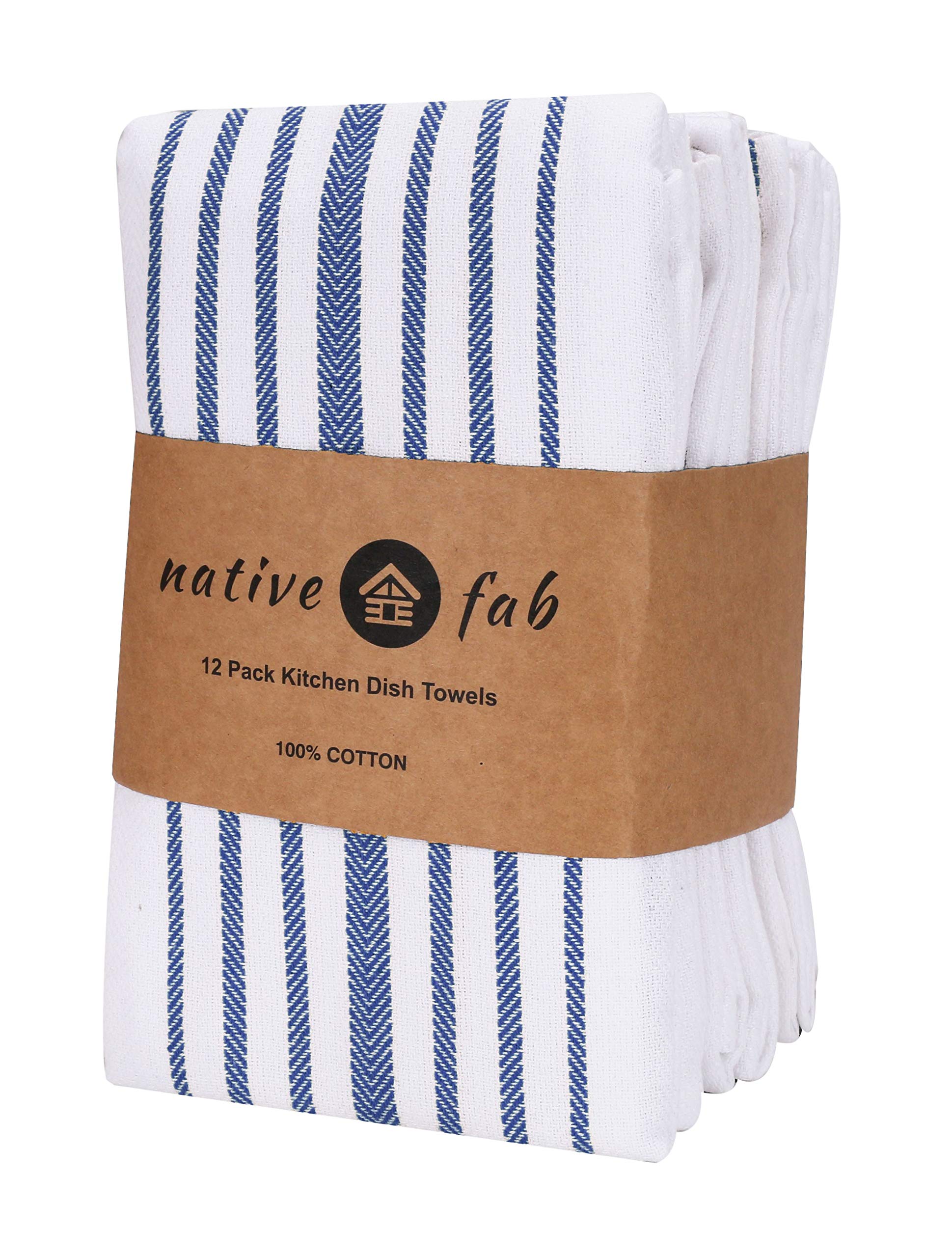 Native Fab 12 Pack Scandia Stripe Kitchen Dish Towels Cotton Absorbent Durable Washable 14x25 - Tea Towels, Dish Cloths, Restaurant Cleaning Towels, Kitchen Towels with Hanging Loop, Blue White