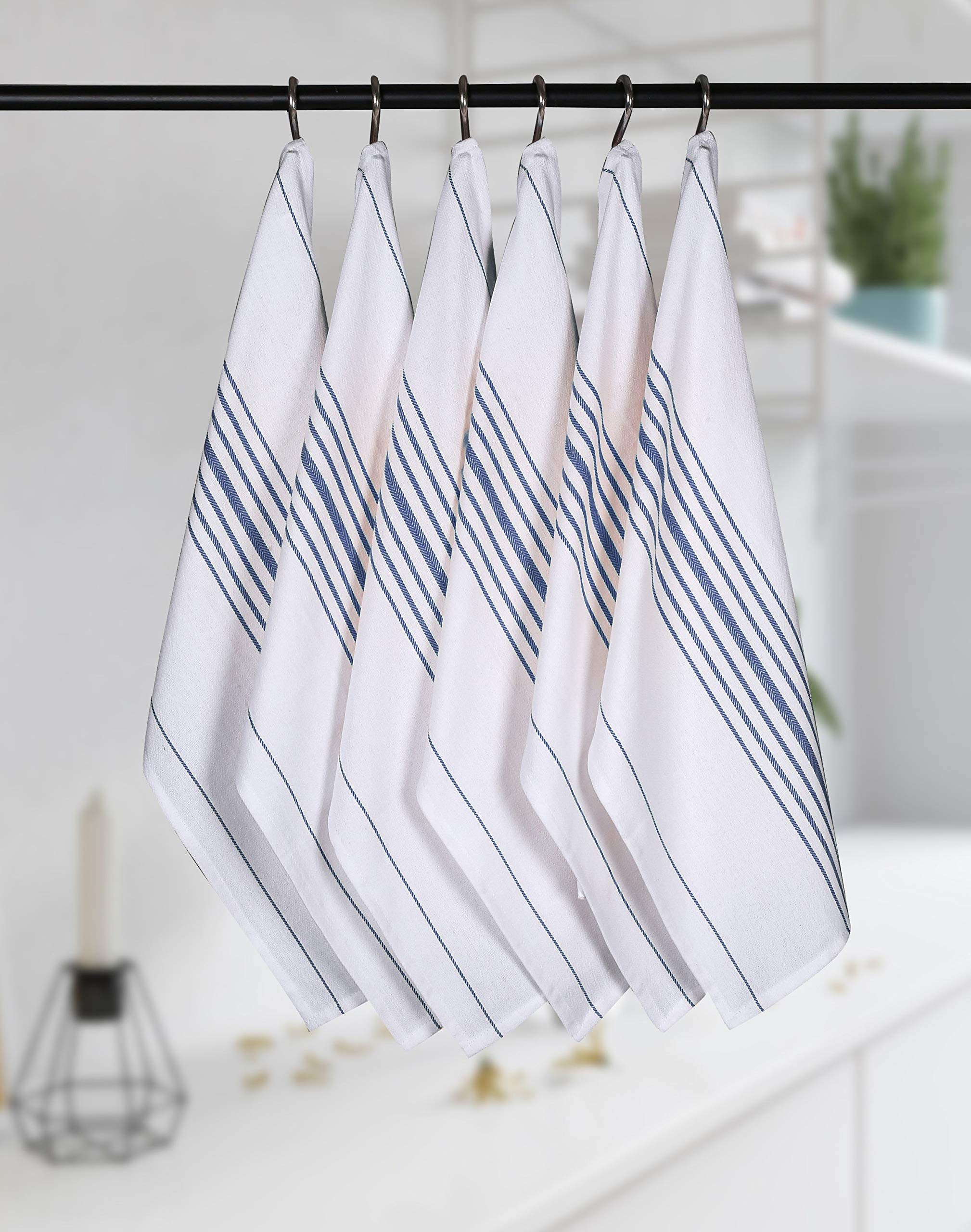 Native Fab 12 Pack Scandia Stripe Kitchen Dish Towels Cotton Absorbent Durable Washable 14x25 - Tea Towels, Dish Cloths, Restaurant Cleaning Towels, Kitchen Towels with Hanging Loop, Blue White