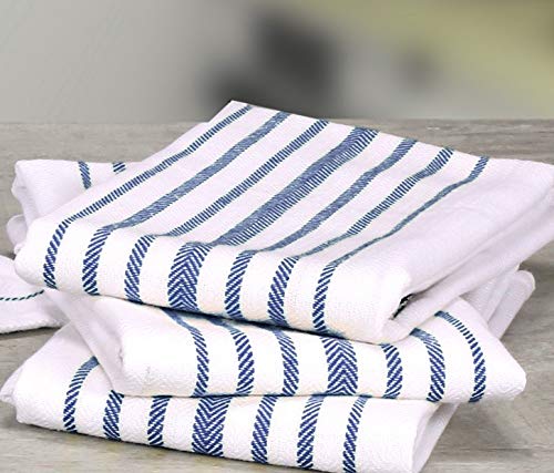 Native Fab 12 Pack Scandia Stripe Kitchen Dish Towels Cotton Absorbent Durable Washable 14x25 - Tea Towels, Dish Cloths, Restaurant Cleaning Towels, Kitchen Towels with Hanging Loop, Blue White