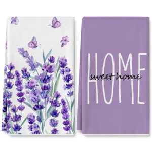 anydesign lavender kitchen towel flower purple flower butterfly dish towel 18 x 28 inch home sweet home hand drying tea towel for seasonal spring cooking baking cleaning supplies, 2 pack