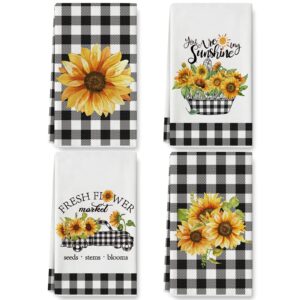 anydesign sunflower kitchen towel spring summer flower dish towel 18 x 28 inch buffalo plaids floral hand drying tea towel for seasonal cooking baking cleaning wiping supplies, set of 4
