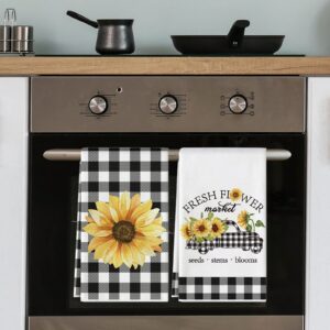 AnyDesign Sunflower Kitchen Towel Spring Summer Flower Dish Towel 18 x 28 Inch Buffalo Plaids Floral Hand Drying Tea Towel for Seasonal Cooking Baking Cleaning Wiping Supplies, Set of 4