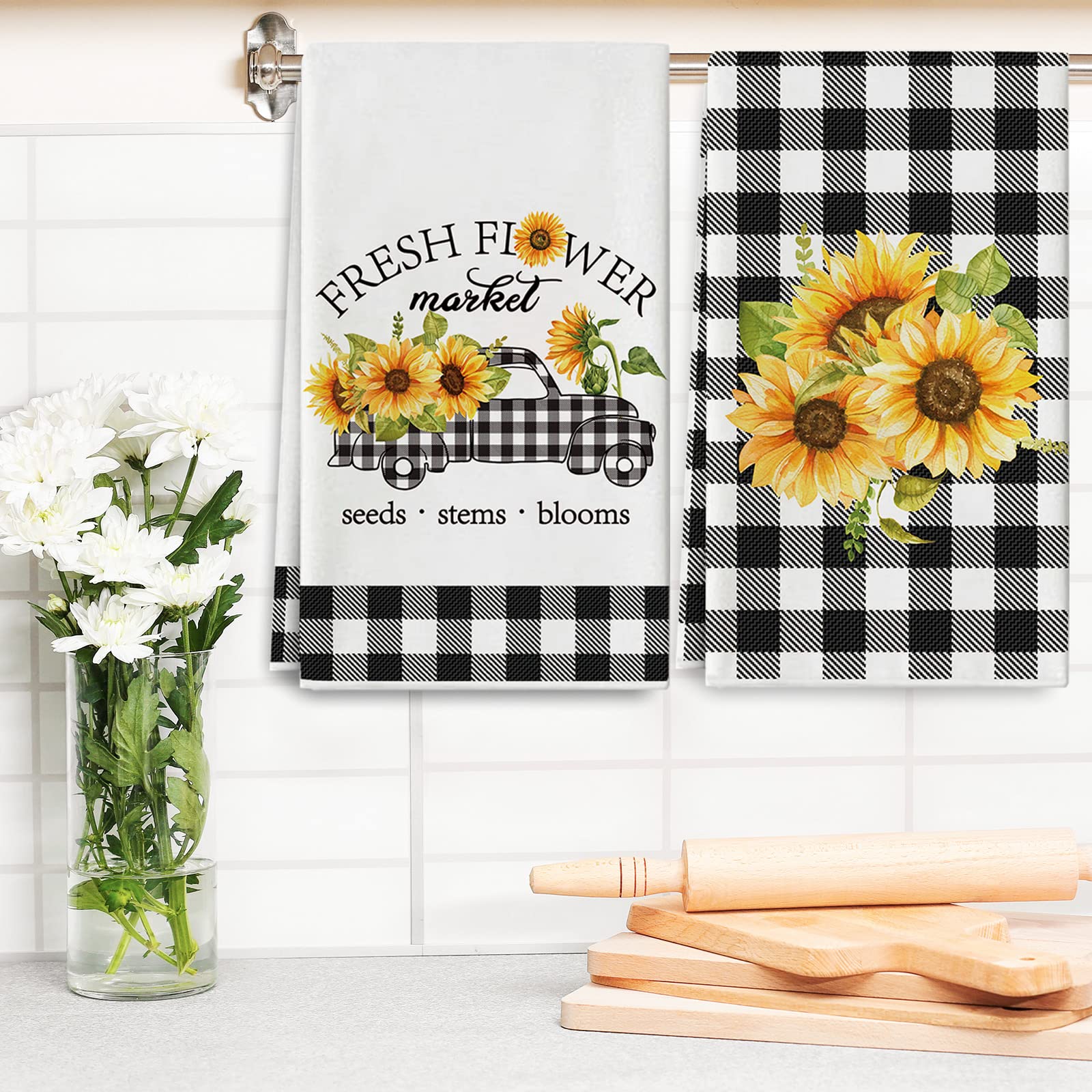 AnyDesign Sunflower Kitchen Towel Spring Summer Flower Dish Towel 18 x 28 Inch Buffalo Plaids Floral Hand Drying Tea Towel for Seasonal Cooking Baking Cleaning Wiping Supplies, Set of 4