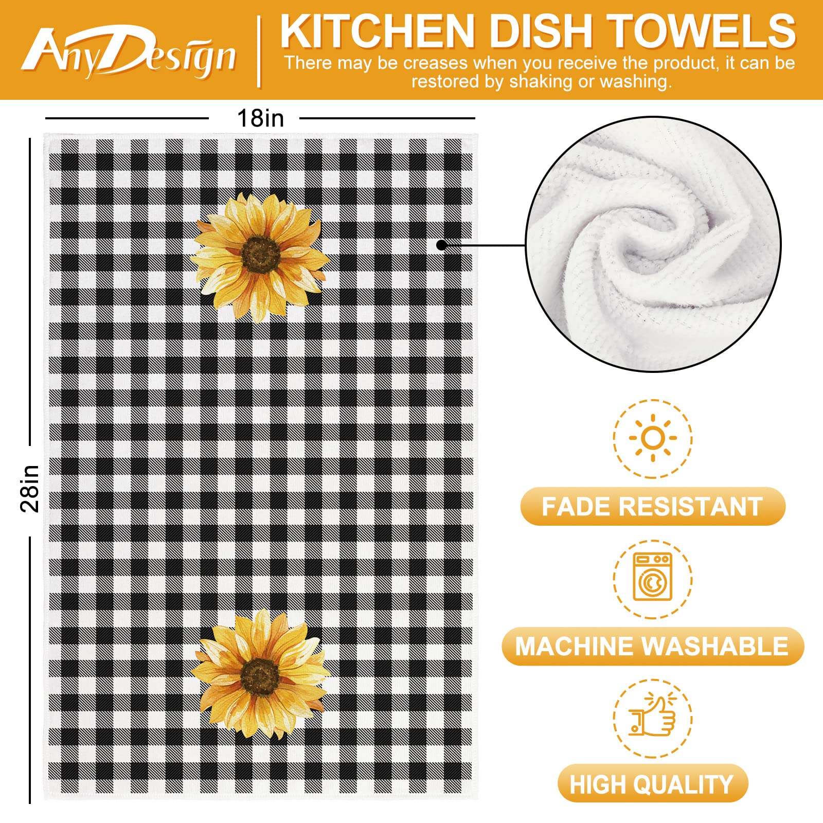 AnyDesign Sunflower Kitchen Towel Spring Summer Flower Dish Towel 18 x 28 Inch Buffalo Plaids Floral Hand Drying Tea Towel for Seasonal Cooking Baking Cleaning Wiping Supplies, Set of 4