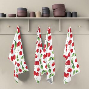 susiyo Red Cherry Fruits Kitchen Dish Towel, Set of 4 Pcs Soft Polyester Dish Cloth for Cooking Washing, 28 X 18 Inch