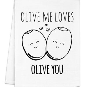 Funny Kitchen Towel, Olive Me Loves Olive You, Flour Sack Dish Towel, Sweet Housewarming Gift, White