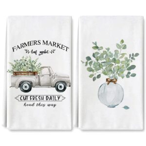 anydesign farmhouse kitchen towel 18 x 28 inch watercolor greenery truck dish towel seasonal rustic hand drying tea towel for spring summer cooking baking cleaning wipes, 2pcs