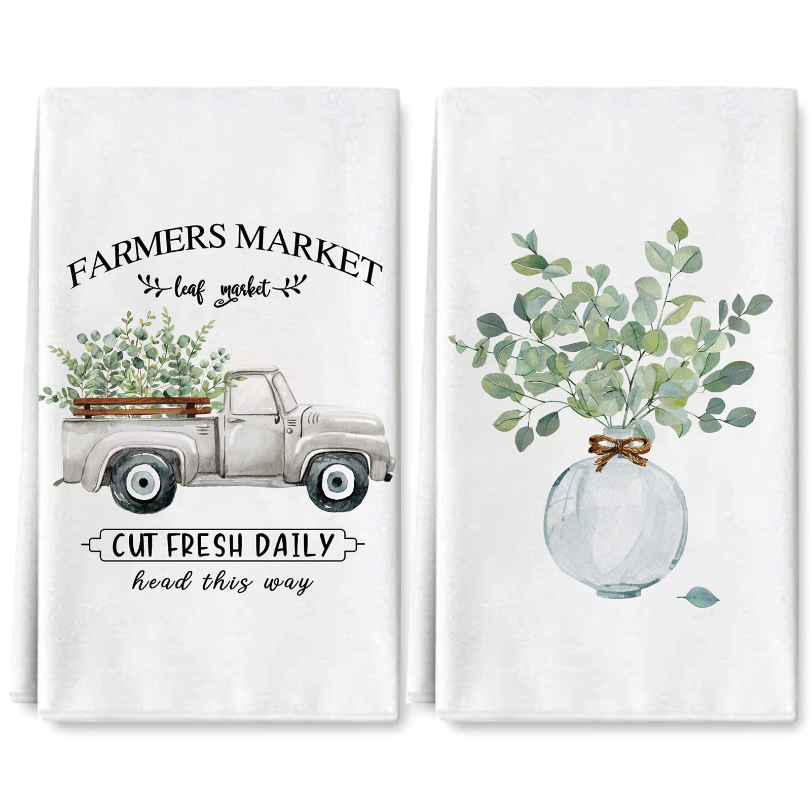 AnyDesign Farmhouse Kitchen Towel 18 x 28 Inch Watercolor Greenery Truck Dish Towel Seasonal Rustic Hand Drying Tea Towel for Spring Summer Cooking Baking Cleaning Wipes, 2Pcs