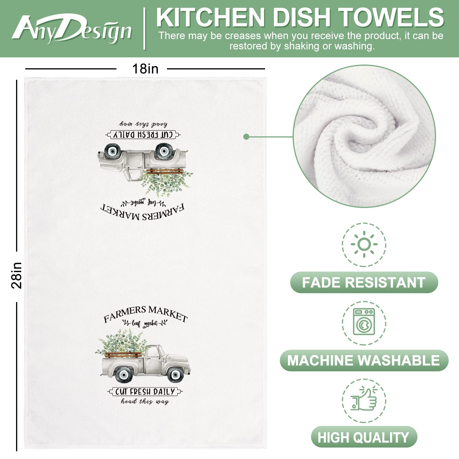 AnyDesign Farmhouse Kitchen Towel 18 x 28 Inch Watercolor Greenery Truck Dish Towel Seasonal Rustic Hand Drying Tea Towel for Spring Summer Cooking Baking Cleaning Wipes, 2Pcs