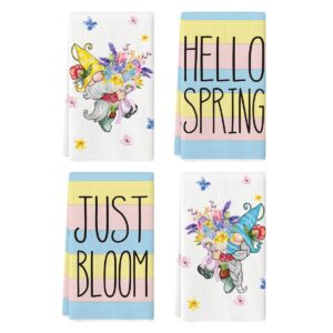 Artoid Mode Stripes Gnome Flower Just Bloom Hello Spring Kitchen Towels Dish Towels, 18x26 Inch Seasonal Decoration Hand Towels Set of 4