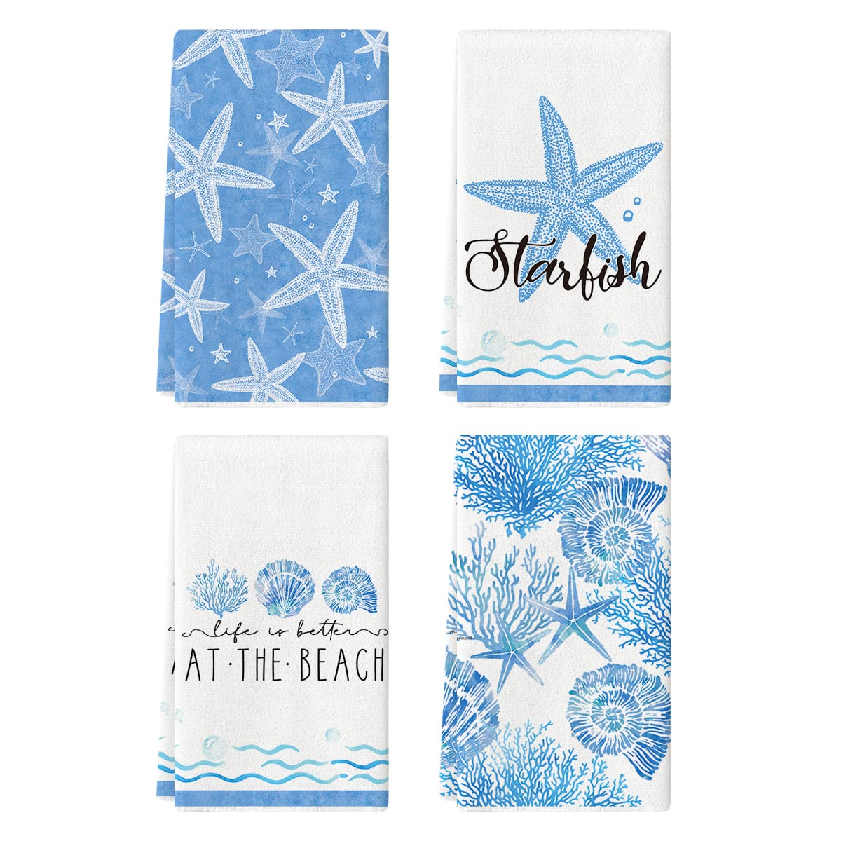 Artoid Mode Starfish Scallop Ocean Theme Summer Kitchen Towels Dish Towels, 18x26 Inch Seasonal Decoration Hand Towels Set of 4