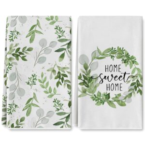 anydesign greenery kitchen towel 18 x 28 in watercolor green leaves seasonal dish towel sweet hand towels farmhouse dishcloths drying baking cooking tea towel for spring summer cleaning wipes, 2pcs