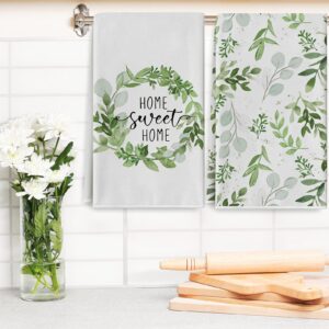 AnyDesign Greenery Kitchen Towel 18 x 28 in Watercolor Green Leaves Seasonal Dish Towel Sweet Hand Towels Farmhouse Dishcloths Drying Baking Cooking Tea Towel for Spring Summer Cleaning Wipes, 2Pcs