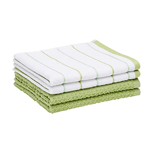 Amazon Basics 100% Cotton Soft & Absorbent, Popcorn Texture Terry Kitchen Cloth, Pack of 4, Green Stripe, 26"L x 16"W