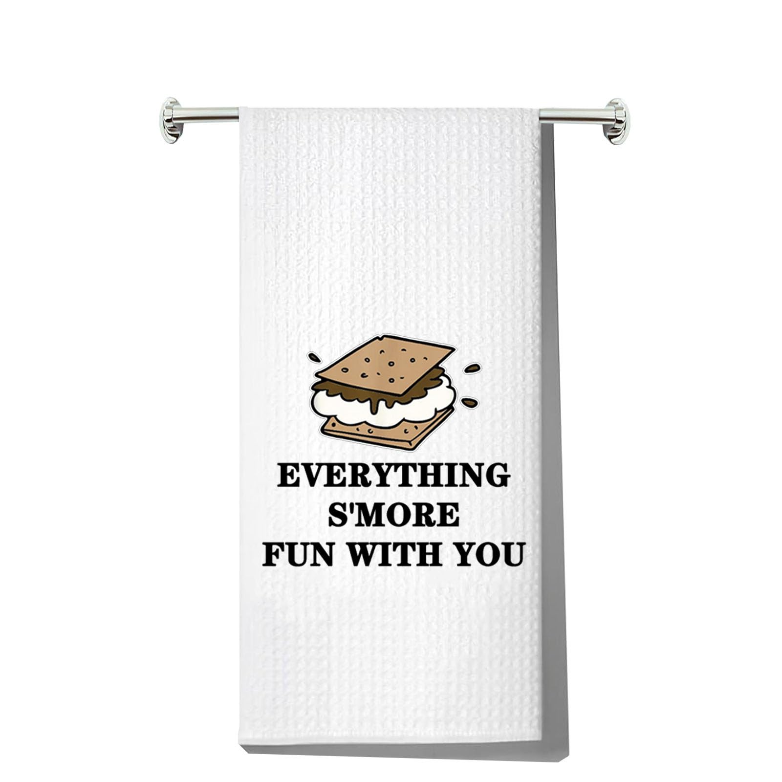 LEVLO Funny S'Mores Marshmallow Kitchen Towel Smores Lover Gift Everything S'More Fun with You Tea Towels Housewarming Gift Waffle Weave Kitchen Decor Dish Towels with Sayings (Everything S'More)