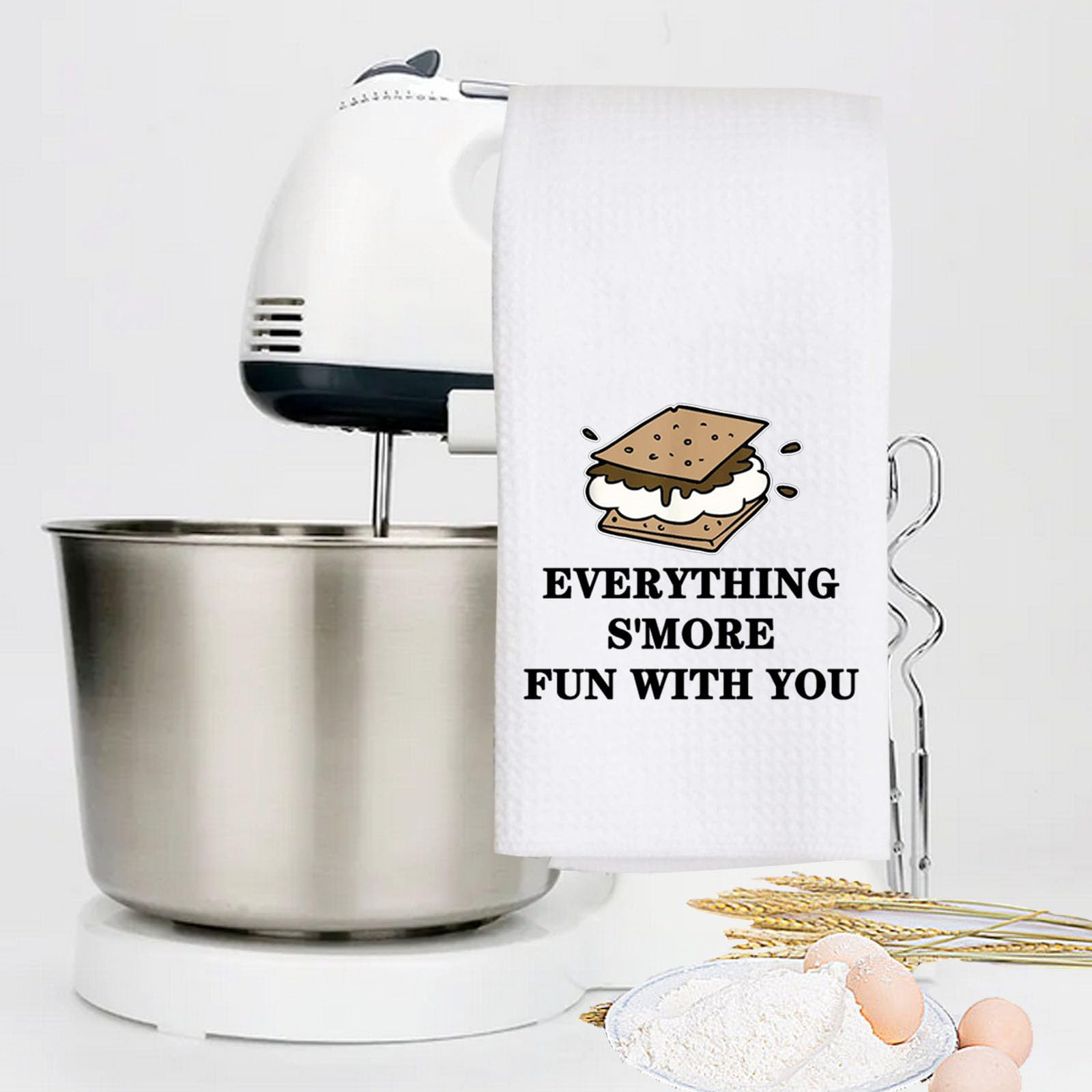 LEVLO Funny S'Mores Marshmallow Kitchen Towel Smores Lover Gift Everything S'More Fun with You Tea Towels Housewarming Gift Waffle Weave Kitchen Decor Dish Towels with Sayings (Everything S'More)