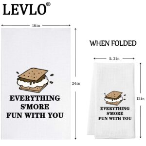 LEVLO Funny S'Mores Marshmallow Kitchen Towel Smores Lover Gift Everything S'More Fun with You Tea Towels Housewarming Gift Waffle Weave Kitchen Decor Dish Towels with Sayings (Everything S'More)