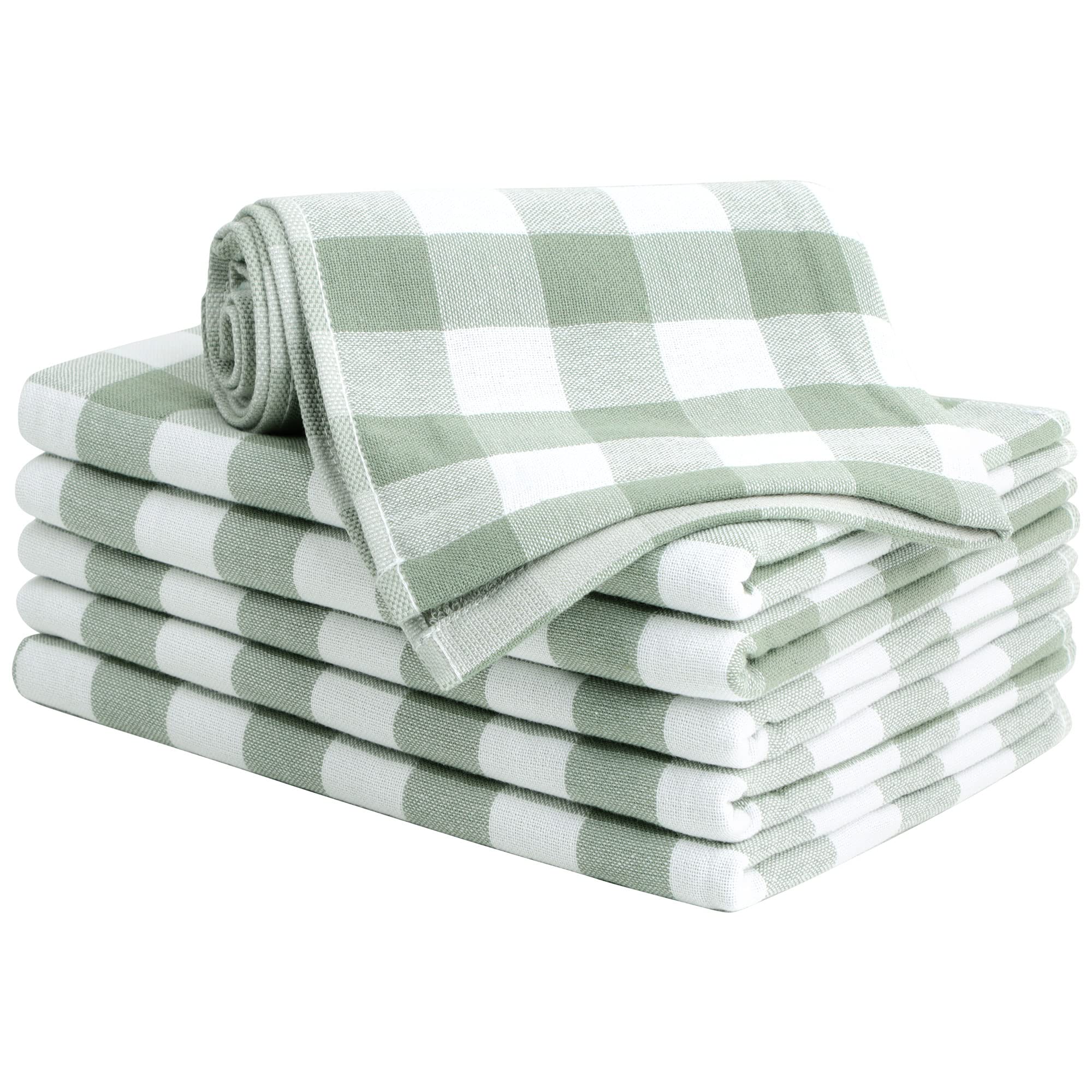 PiccoCasa 100% Cotton Terry Kitchen Towels Set of 6 Plaid Pattern (13 x 29 Inch) Soft Absorbent Drying Dish Towels for Kitchen Cooking - Green, White