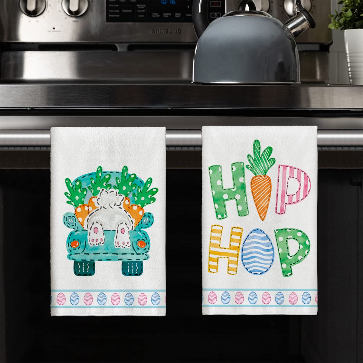 Artoid Mode Bunny Treats Rabbits Hip Hop Carrots Truck Hoppy Easter Kitchen Towels Dish Towels, 18x26 Inch Seasonal Decoration Hand Towels Set of 4