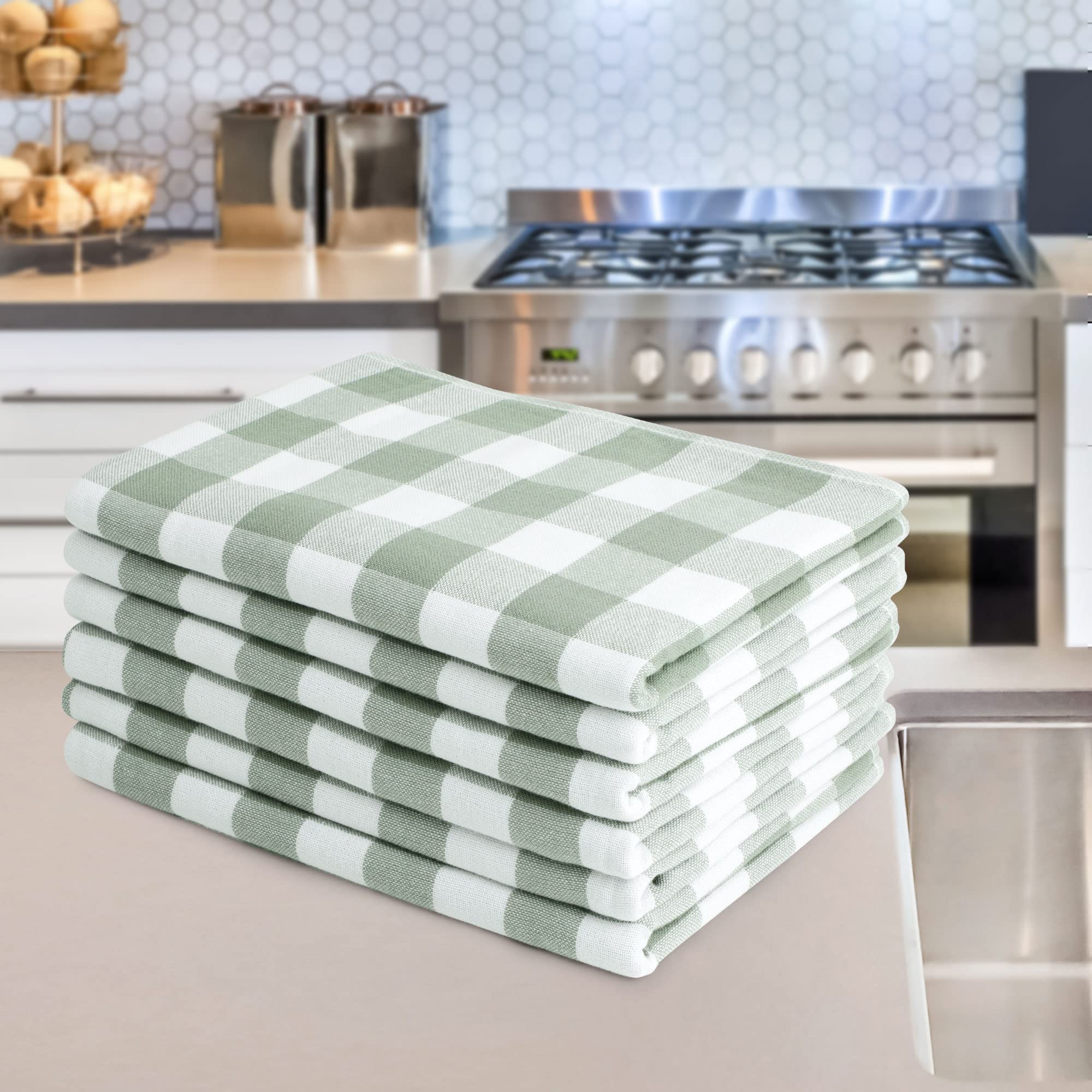 PiccoCasa 100% Cotton Terry Kitchen Towels Set of 6 Plaid Pattern (13 x 29 Inch) Soft Absorbent Drying Dish Towels for Kitchen Cooking - Green, White