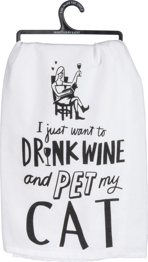 Primitives by Kathy 36922 LOL Made You Smile Dish Towel, 28 x 28-Inches, Drink Wine and Pet My Cat