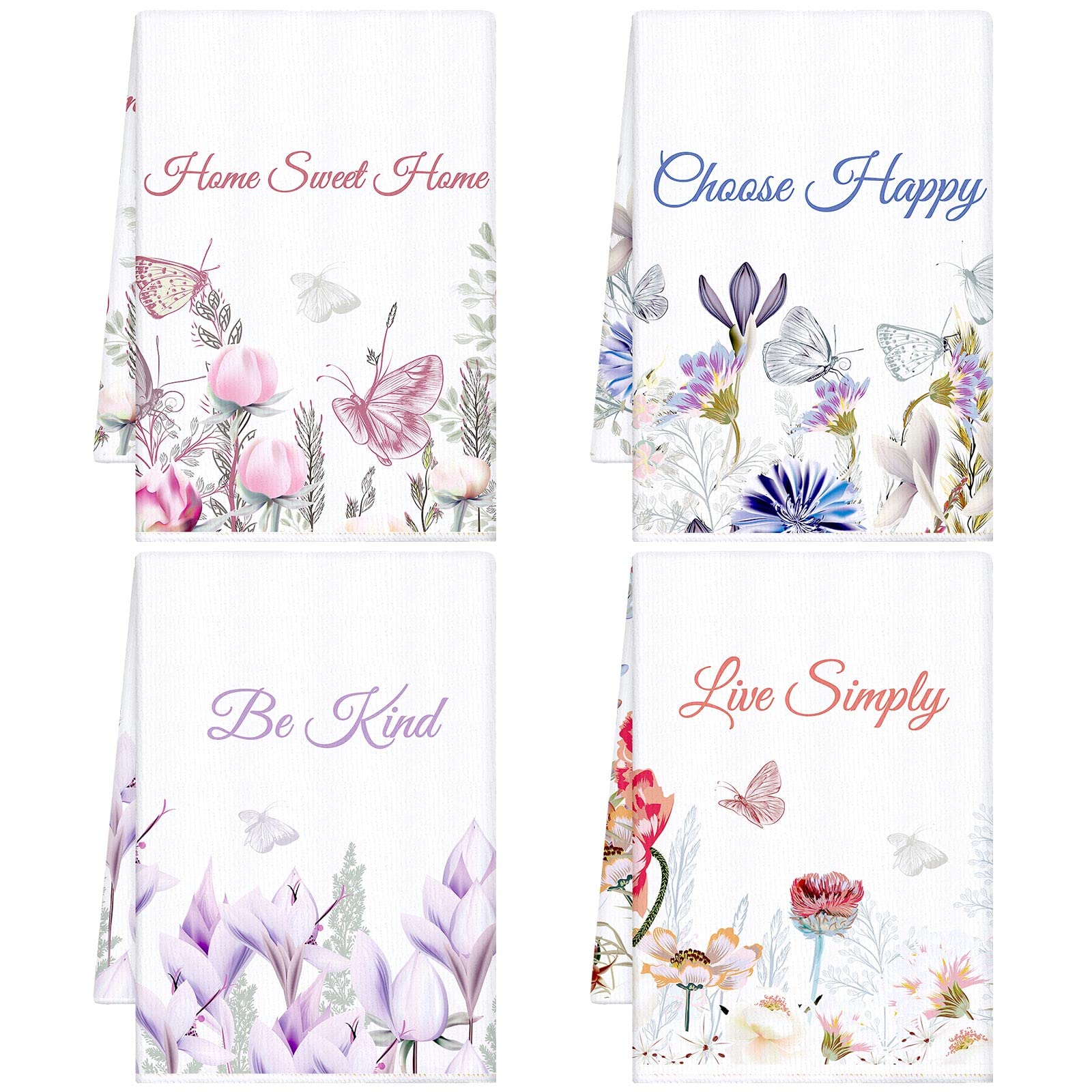 Buryeah 4 Pieces Floral Kitchen Towels Decorative Flower Butterfly Dish Towels Absorbent Hand Towels Reusable Soft Tea Towels for Bathroom Wildflower Dish Cloths with Sayings for Drying