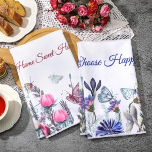 Buryeah 4 Pieces Floral Kitchen Towels Decorative Flower Butterfly Dish Towels Absorbent Hand Towels Reusable Soft Tea Towels for Bathroom Wildflower Dish Cloths with Sayings for Drying