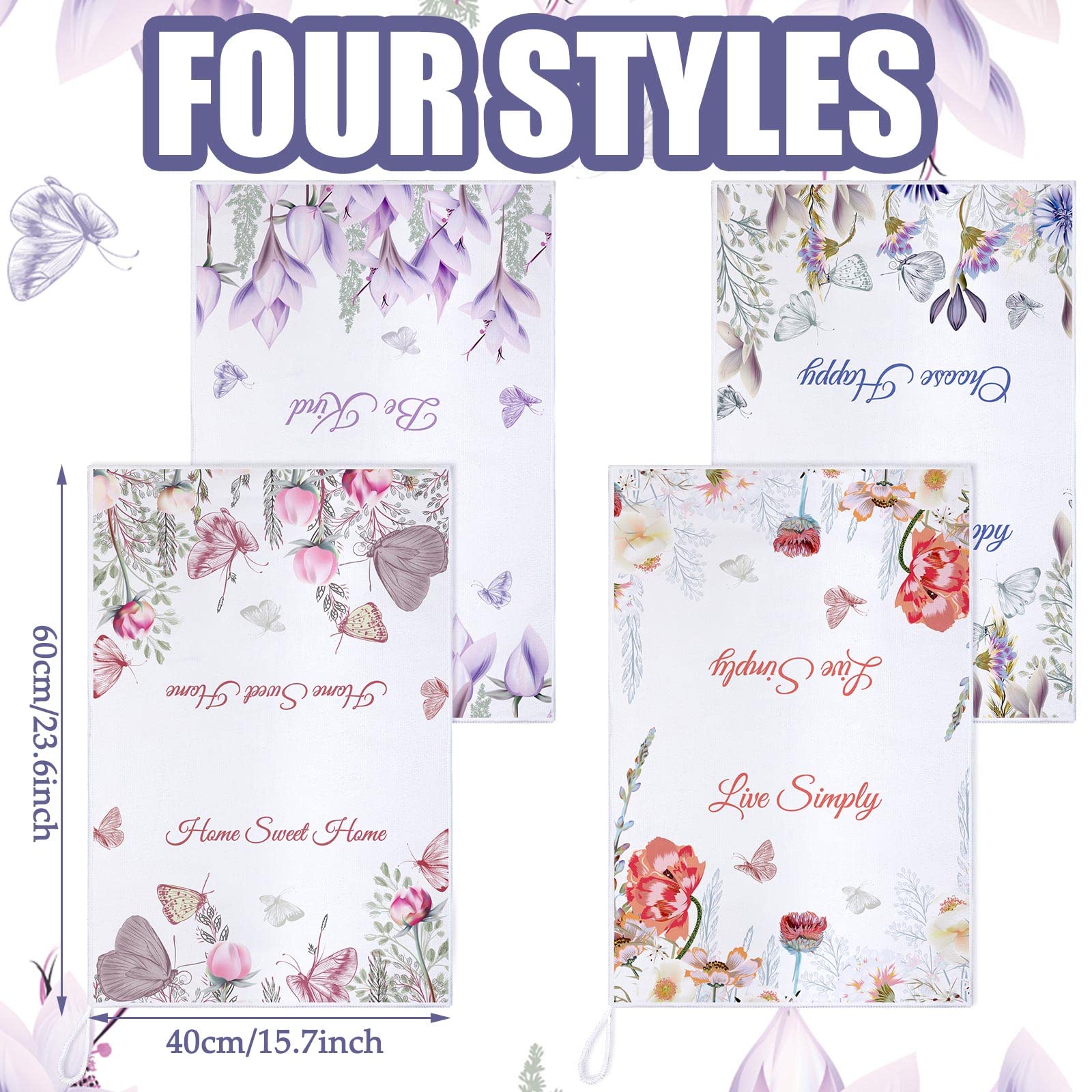 Buryeah 4 Pieces Floral Kitchen Towels Decorative Flower Butterfly Dish Towels Absorbent Hand Towels Reusable Soft Tea Towels for Bathroom Wildflower Dish Cloths with Sayings for Drying