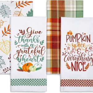 Whaline Fall Kitchen Towel Autumn Leaves Green Brown Plaids Dish Towel Retro Thanksgiving Fall Harvest Tea Towel Hand Drying Cloth Towel for Autumn Holiday Kitchen Cooking Baking, 4 Pack, 28 x 18 Inch