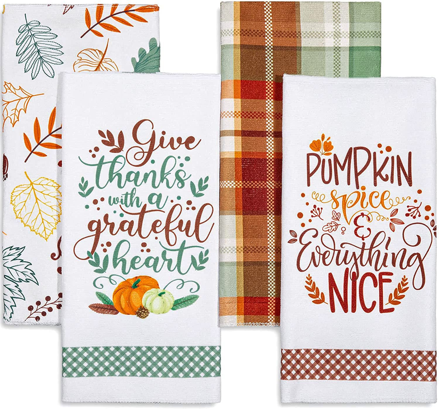 Whaline Fall Kitchen Towel Autumn Leaves Green Brown Plaids Dish Towel Retro Thanksgiving Fall Harvest Tea Towel Hand Drying Cloth Towel for Autumn Holiday Kitchen Cooking Baking, 4 Pack, 28 x 18 Inch