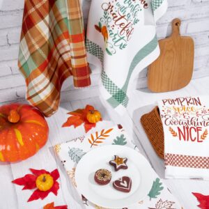 Whaline Fall Kitchen Towel Autumn Leaves Green Brown Plaids Dish Towel Retro Thanksgiving Fall Harvest Tea Towel Hand Drying Cloth Towel for Autumn Holiday Kitchen Cooking Baking, 4 Pack, 28 x 18 Inch
