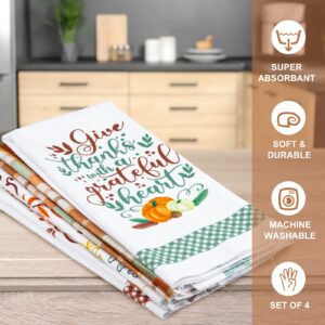 Whaline Fall Kitchen Towel Autumn Leaves Green Brown Plaids Dish Towel Retro Thanksgiving Fall Harvest Tea Towel Hand Drying Cloth Towel for Autumn Holiday Kitchen Cooking Baking, 4 Pack, 28 x 18 Inch